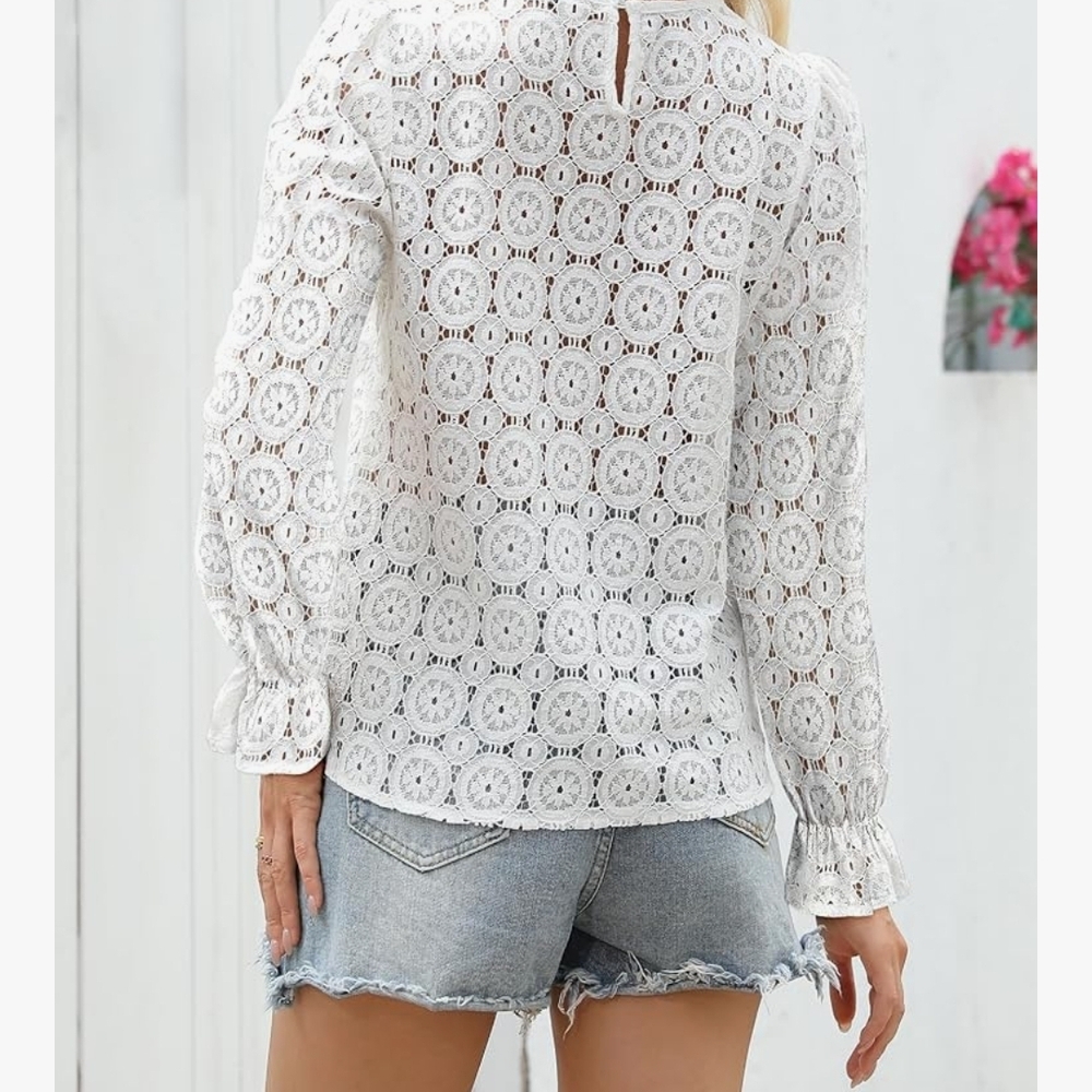 LUXVEER Long Sleeve Eyelet Shirts Lace Embroidered Blouses Dressy Casual - Picture 5 of 9